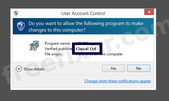 Screenshot where Ciqual Ltd appears as the verified publisher in the UAC dialog
